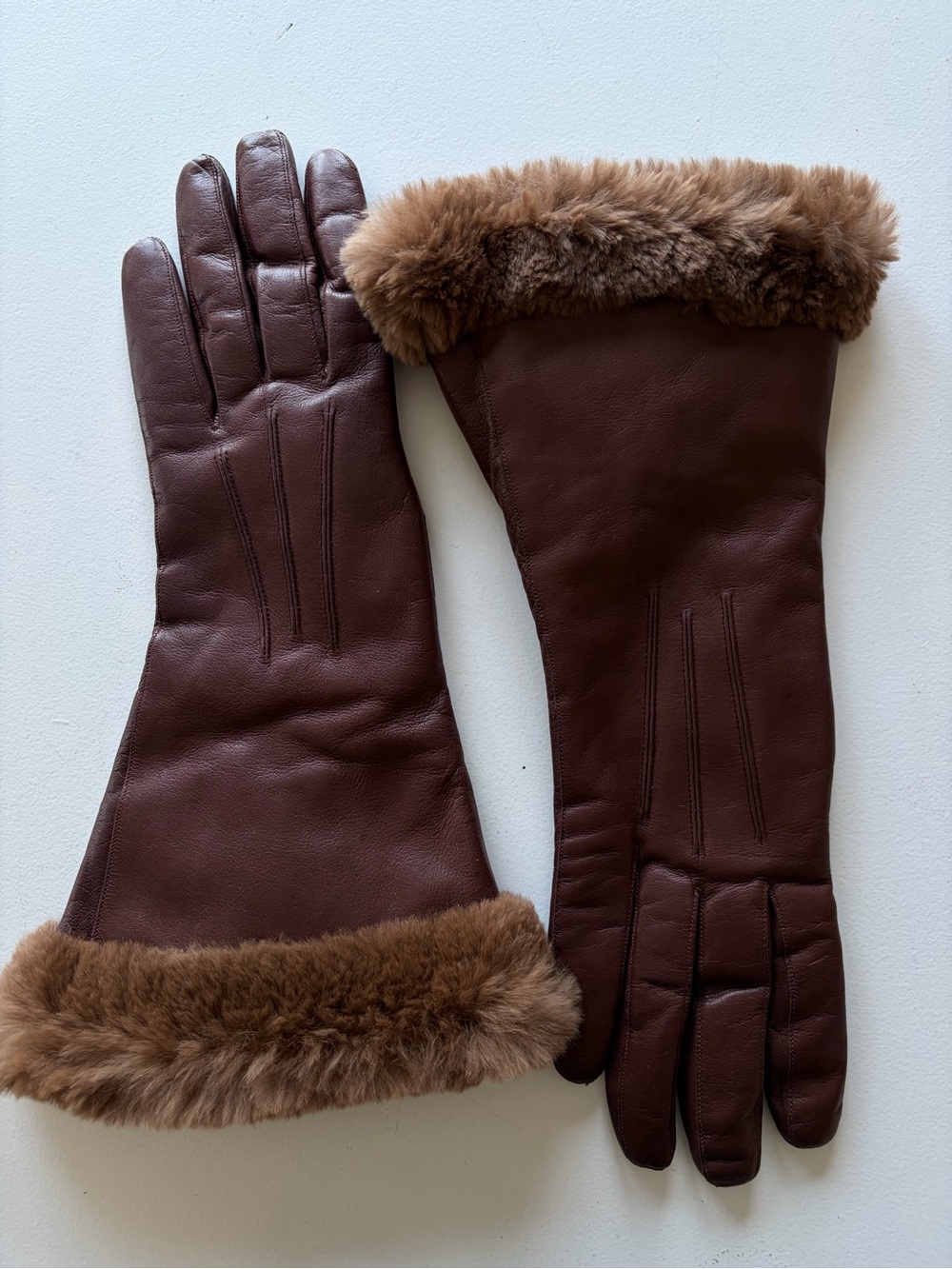 Women's VTG Chocolate Brown Fur Trim & Lined Leather Gloves 1950s England
